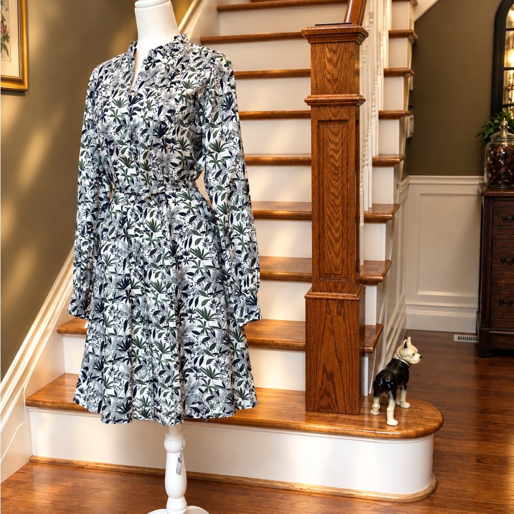 Boden Black, Green & White Floral Long-Sleeve A-Line Dress